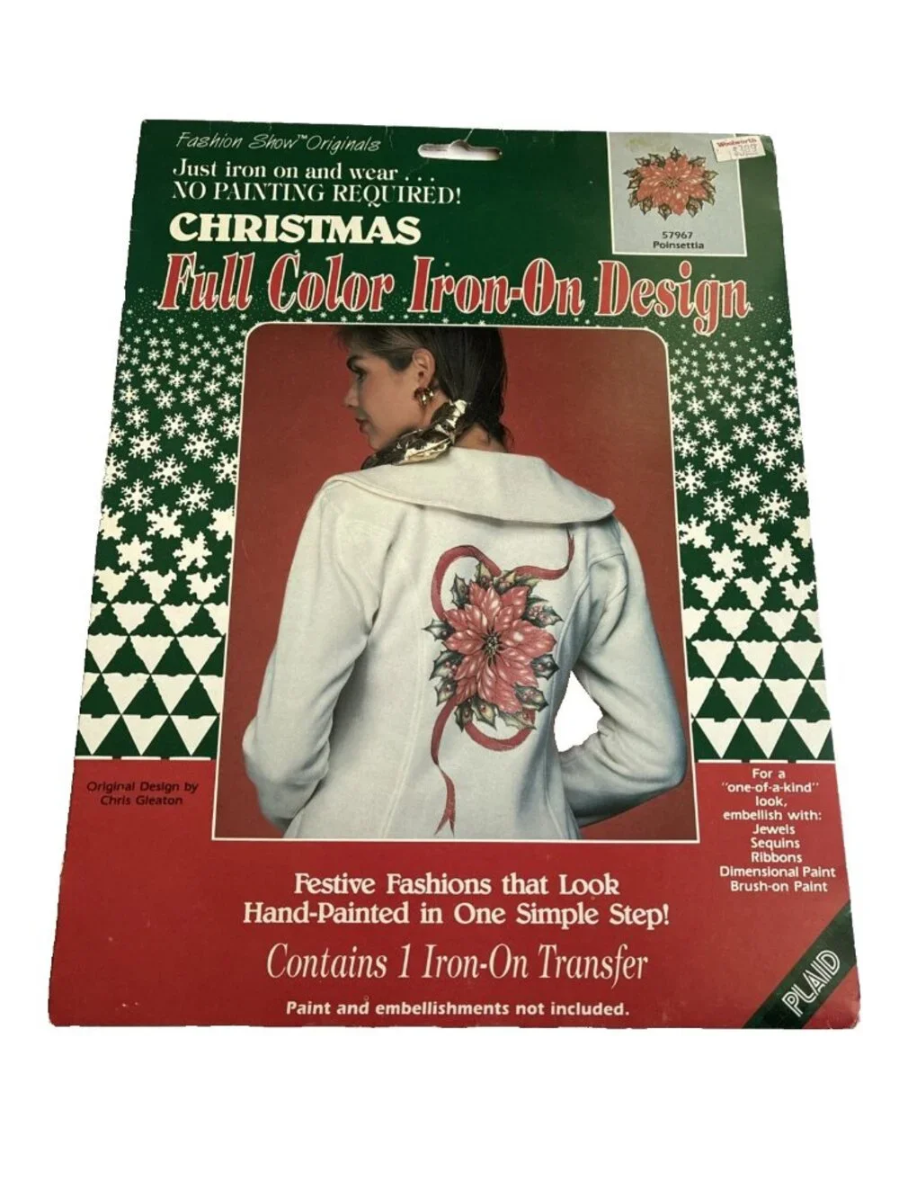 Vintage 1991 Plaid Christmas Poinsettia Iron On Transfer Full Color Design